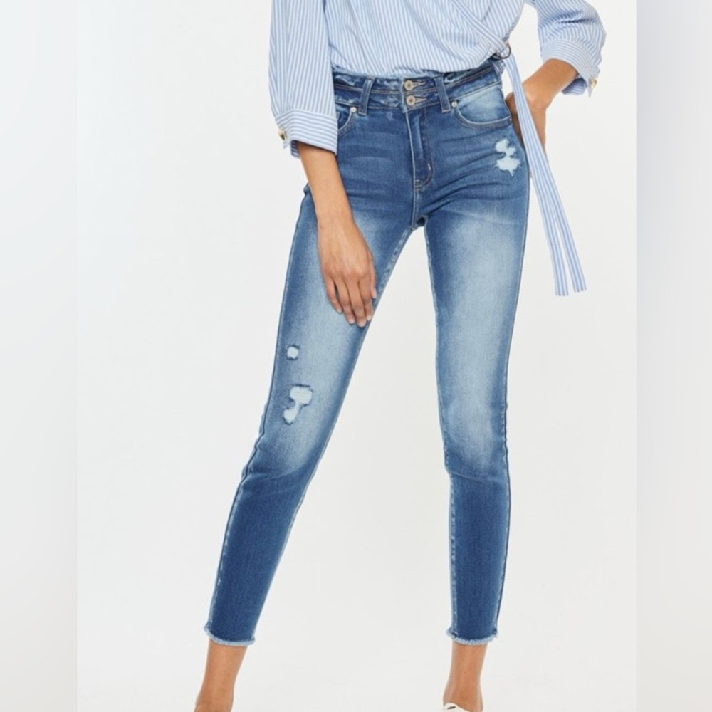 Kancan Distressed Raw Hem High Waist Jeans